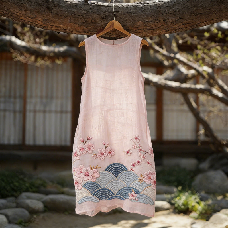 Cardydony Japanese Cherry Blossom Sea Waves Flowy Linen Dress