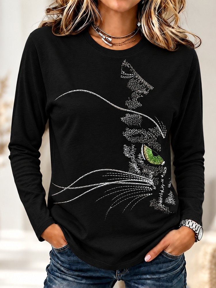 Cardydony Women's Black Green Eyes Cat Graphic Long-sleeve T-shirt