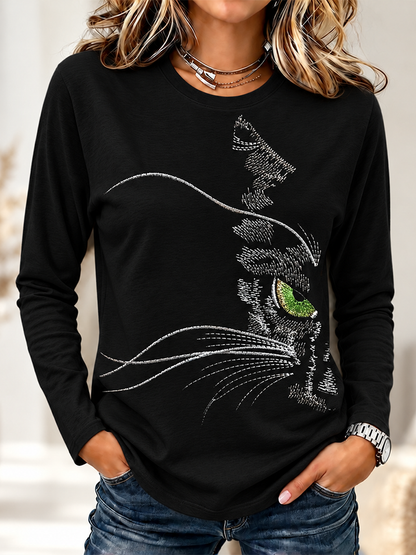 Cardydony Women's Black Green Eyes Cat Graphic Long-sleeve T-shirt