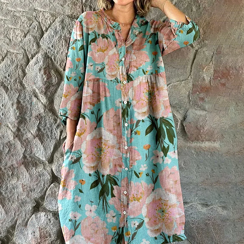 Cardydony Women's Elegant Vintage Floral Print Shirt Style Cotton And Linen Dress