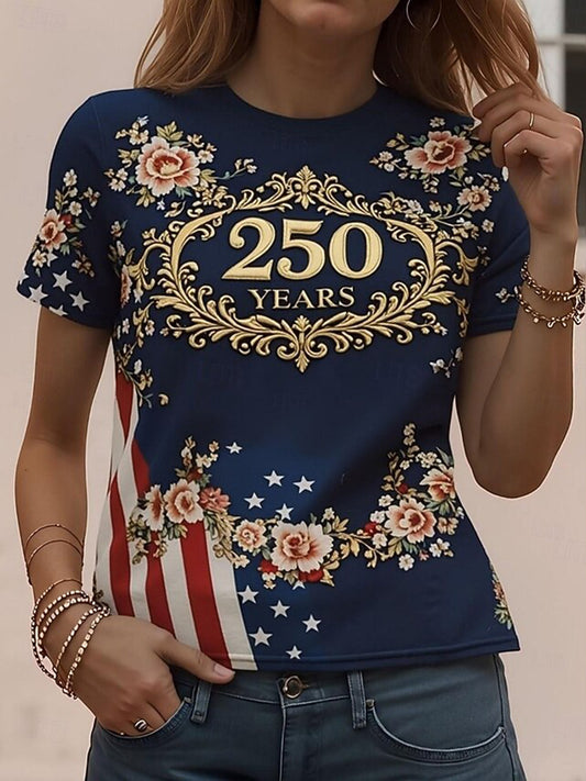 Cardydony Women's American 250th Anniversary Floral Art Round Neck T Shirt
