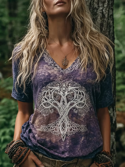 Cardydony Vintage Viking Life Tree Pattern Women's Short Sleeve T-shirt