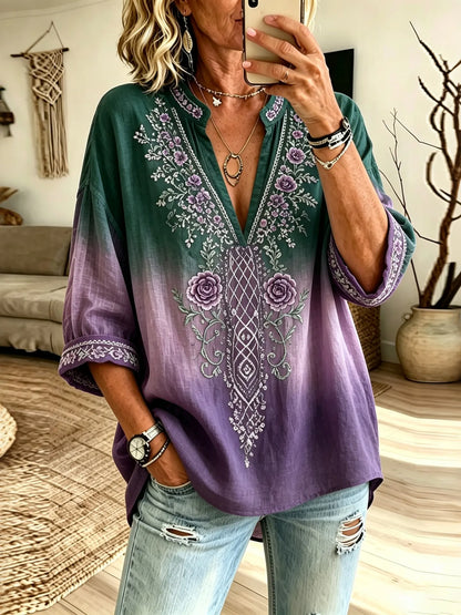 Cardydony Women's Vintage Celtic Knot Floral Art Flowy V-neck Long Sleeve T-shirt
