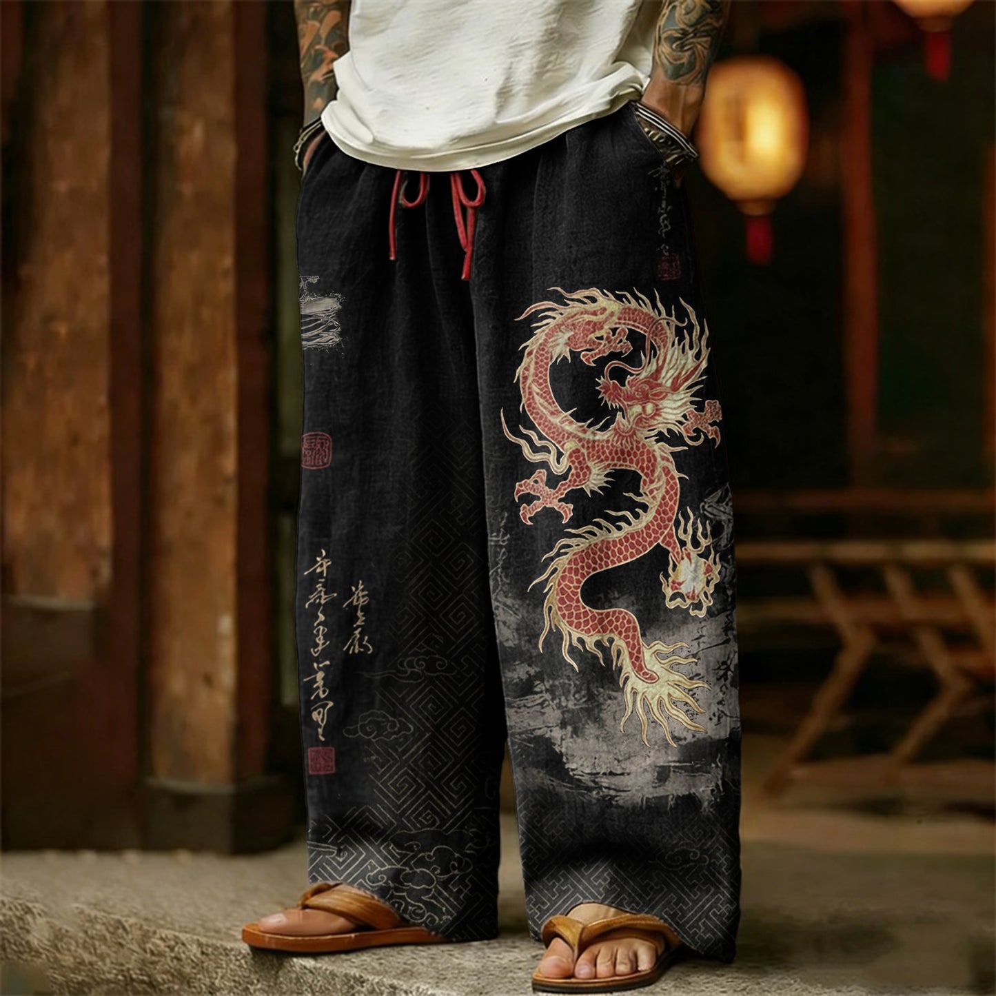 Cardydony Men's Retro Dragon With Calligraphy Art Linen Pants