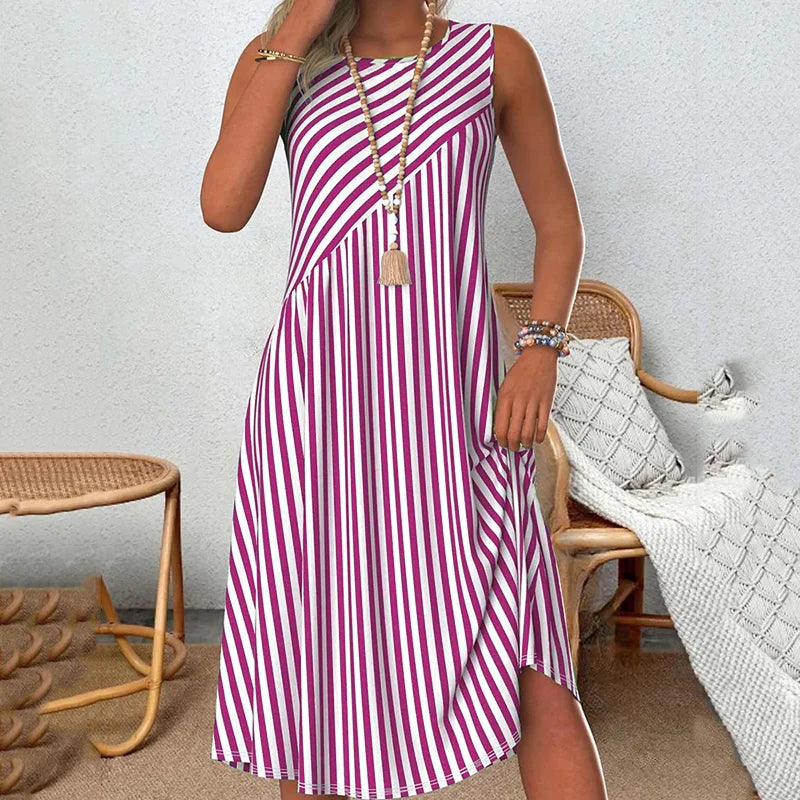 Cardydony Striped Crew Neck Tank Midi Dress