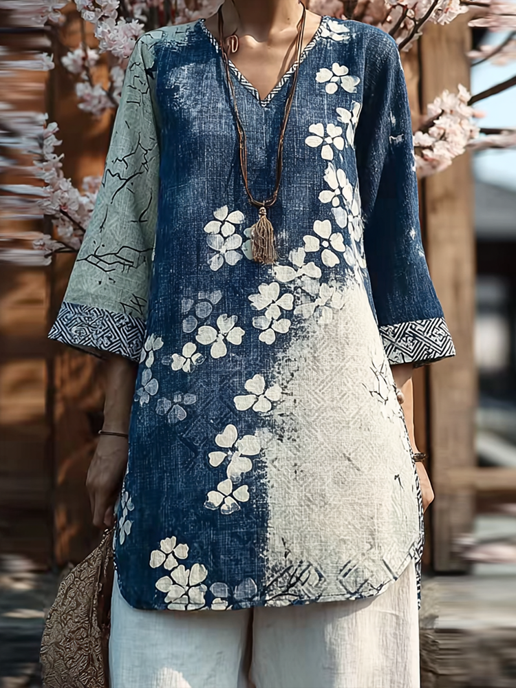 Cardydony Japanese Art Retro Style Cherry Blossom Pattern Women's V-neck Top