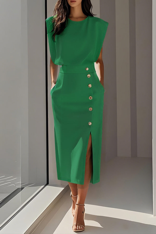 Cardydony Women's Solid Color Round Neck Sleeveless Button Slit Midi Dress