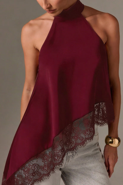 Cardydony Women's Solid Color Satin Sleeveless Lace Hem Loose Top