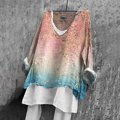 Cardydony Women's Japanese Floral Gradient Art V-neck Blend T-shirt