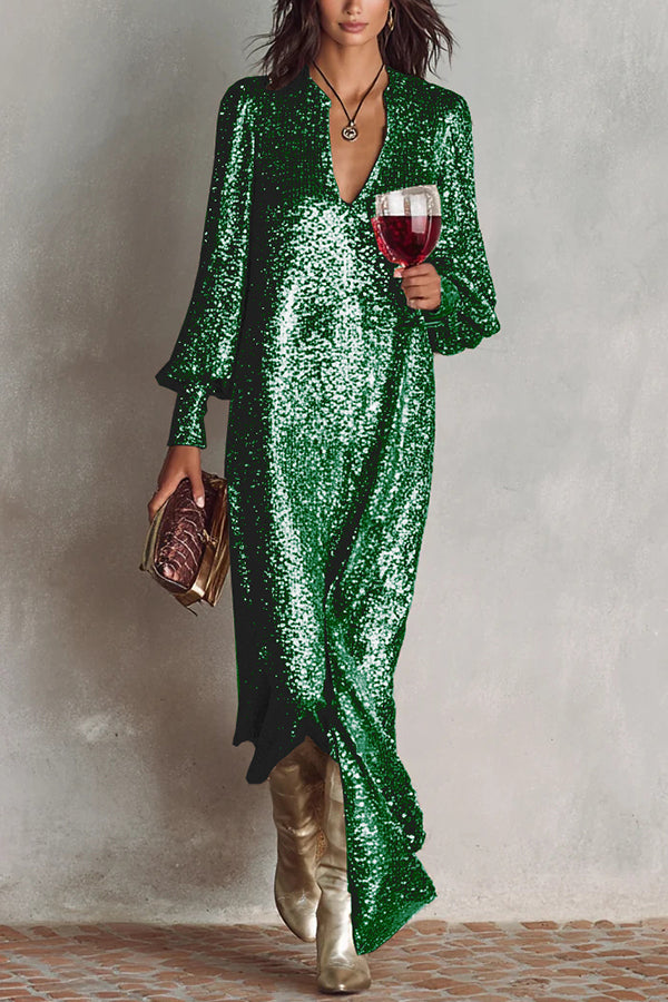 Cardydony Women's Minimalist Sparkling Sequin V-neck Long Balloon Sleeve Slit Party Maxi Dress