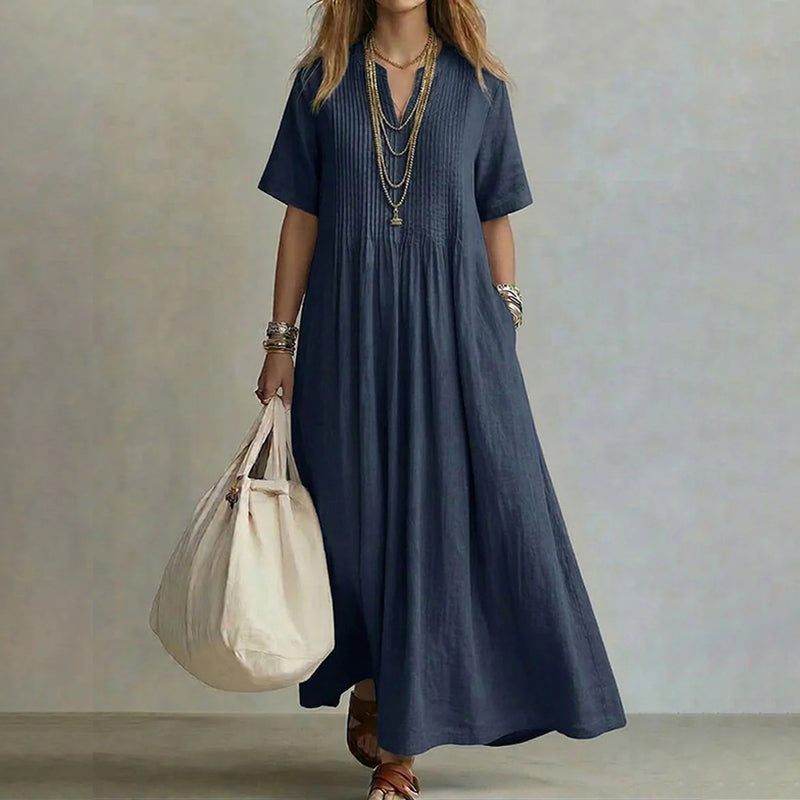 Cardydony Women's Retro Solid Color Loose V-neck Short-sleeve Pleated Cotton Linen Dress