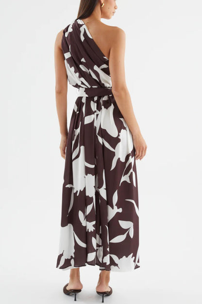 Cardydony Women's Unique Printed One-Shoulder Belt Casual Holiday Maxi Dress