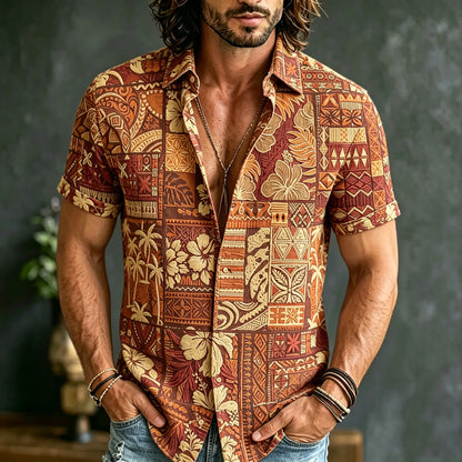 Cardydony Men's Retro Bohemian Hippie Resort Style Floral Print Short-sleeve Shirt