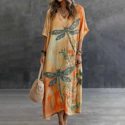 Cardydony Retro Dragonfly And Floral Pattern Linen Maxi Dress