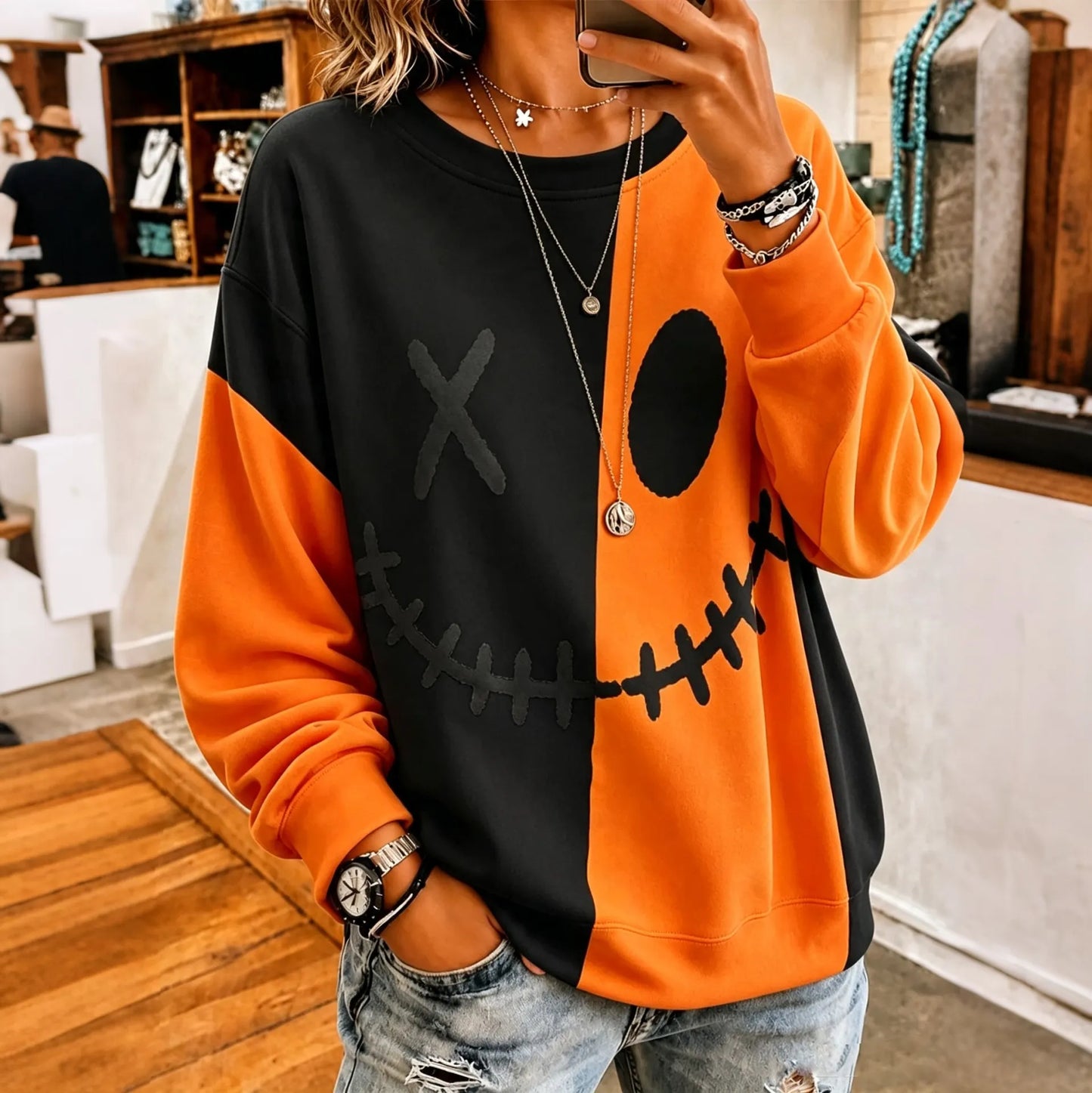 Cardydony Women's Halloween Ghostly Face Color Blocking Print Casual Sweatshirt