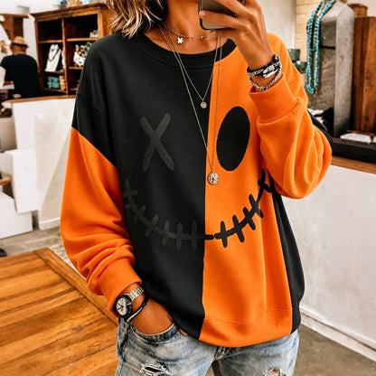 Cardydony Women's Halloween Ghostly Face Color Blocking Print Casual Sweatshirt