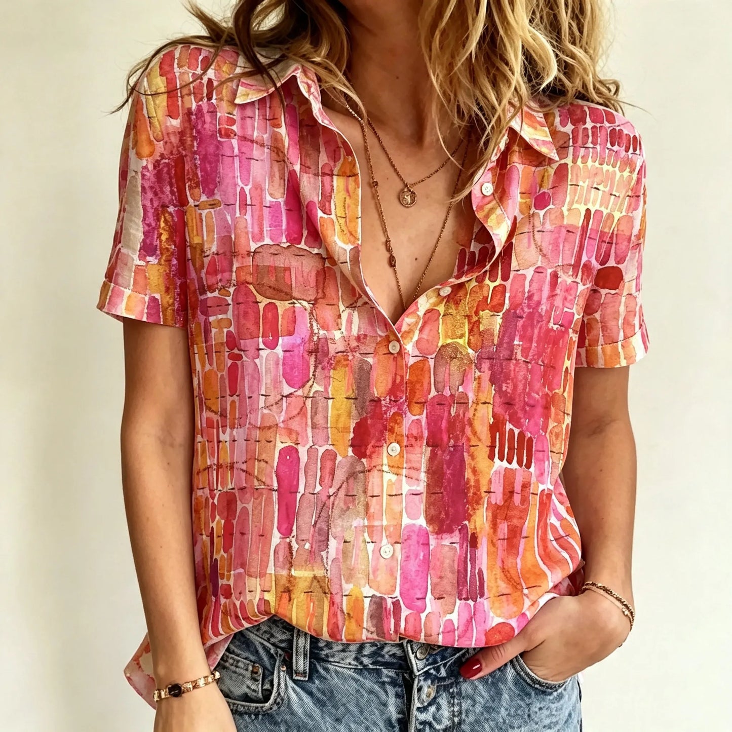 Cardydony Women's Bohemian Geometric Print Cotton Linen Short-sleeve Shirt