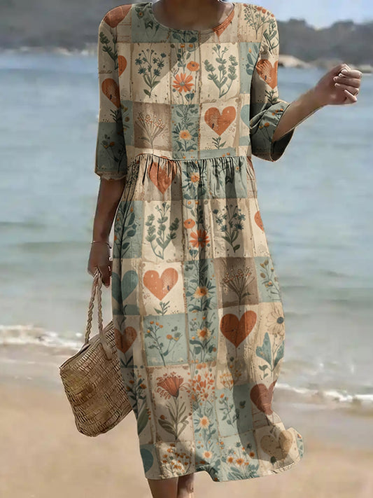 Cardydony Women's Flowers Love Pattern Linen Blend Loose Three-quarter Sleeve Dress