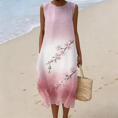 Cardydony Vintage Japanese-style Cherry Blossom And Wind Chime Art Embroidery Cotton Linen Dress