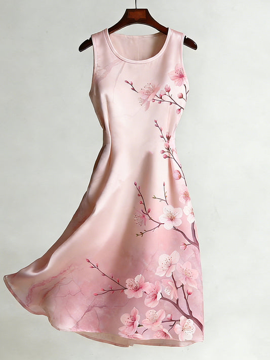 Cardyodny Women's Retro Japanese-style Cherry Blossom Art Smooth Crew Neck Dress