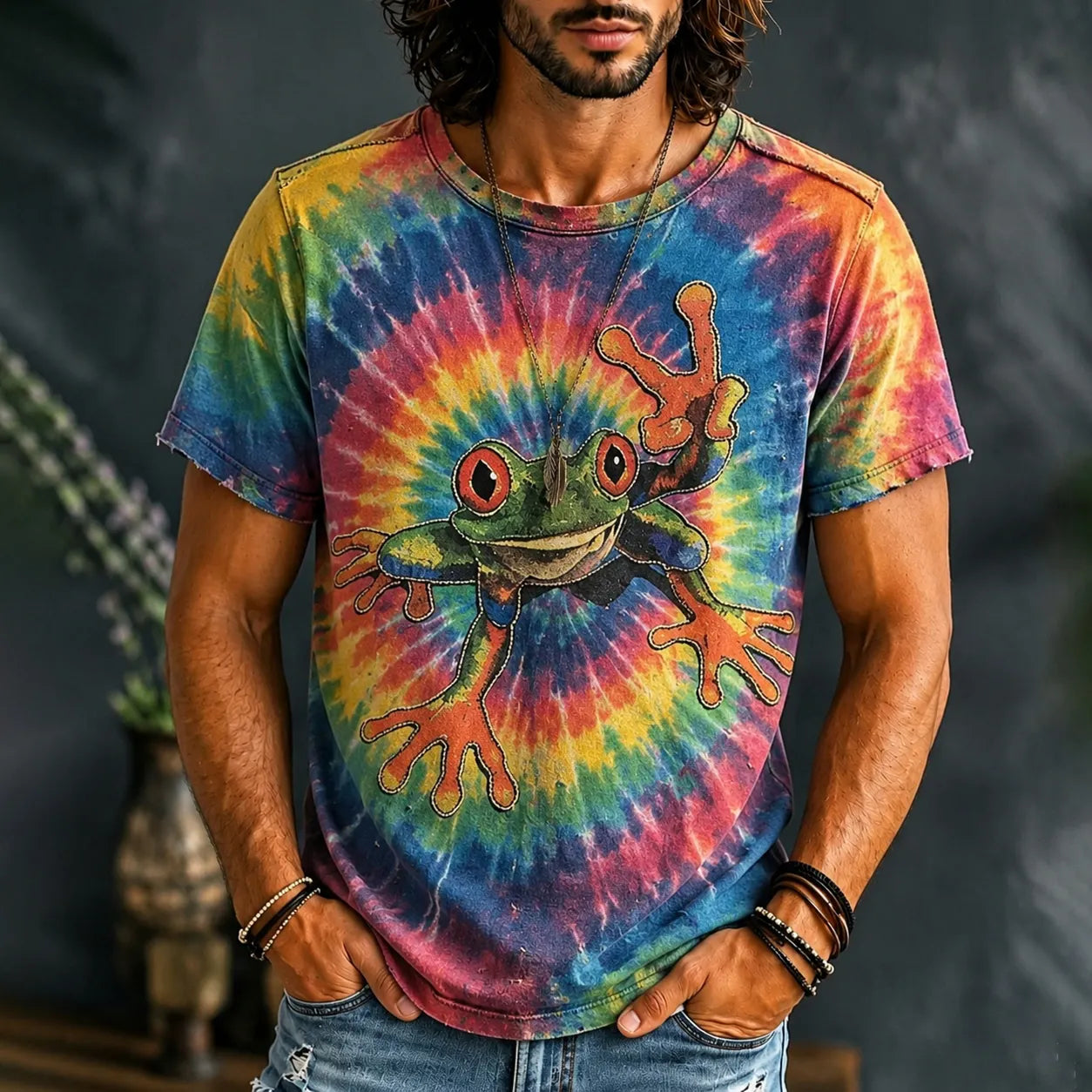 Cardydony Men's Hippie Tie Dye Psychedelic Frog Print T-shirt