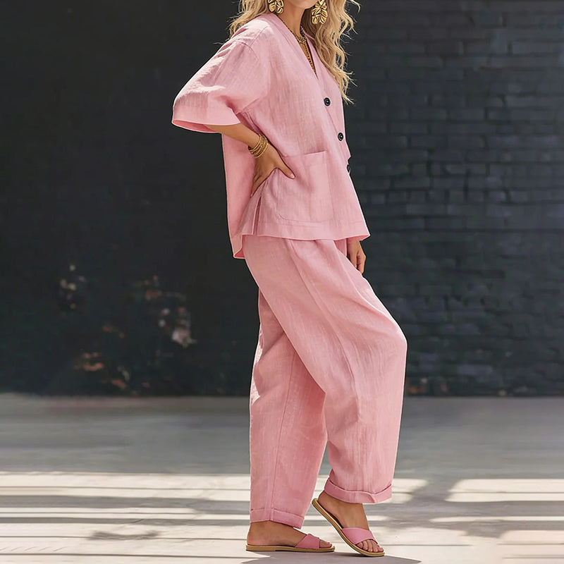 Cardydony Casual Solid Color V-neck Loose Short-sleeved Top And Trousers Two-piece Set