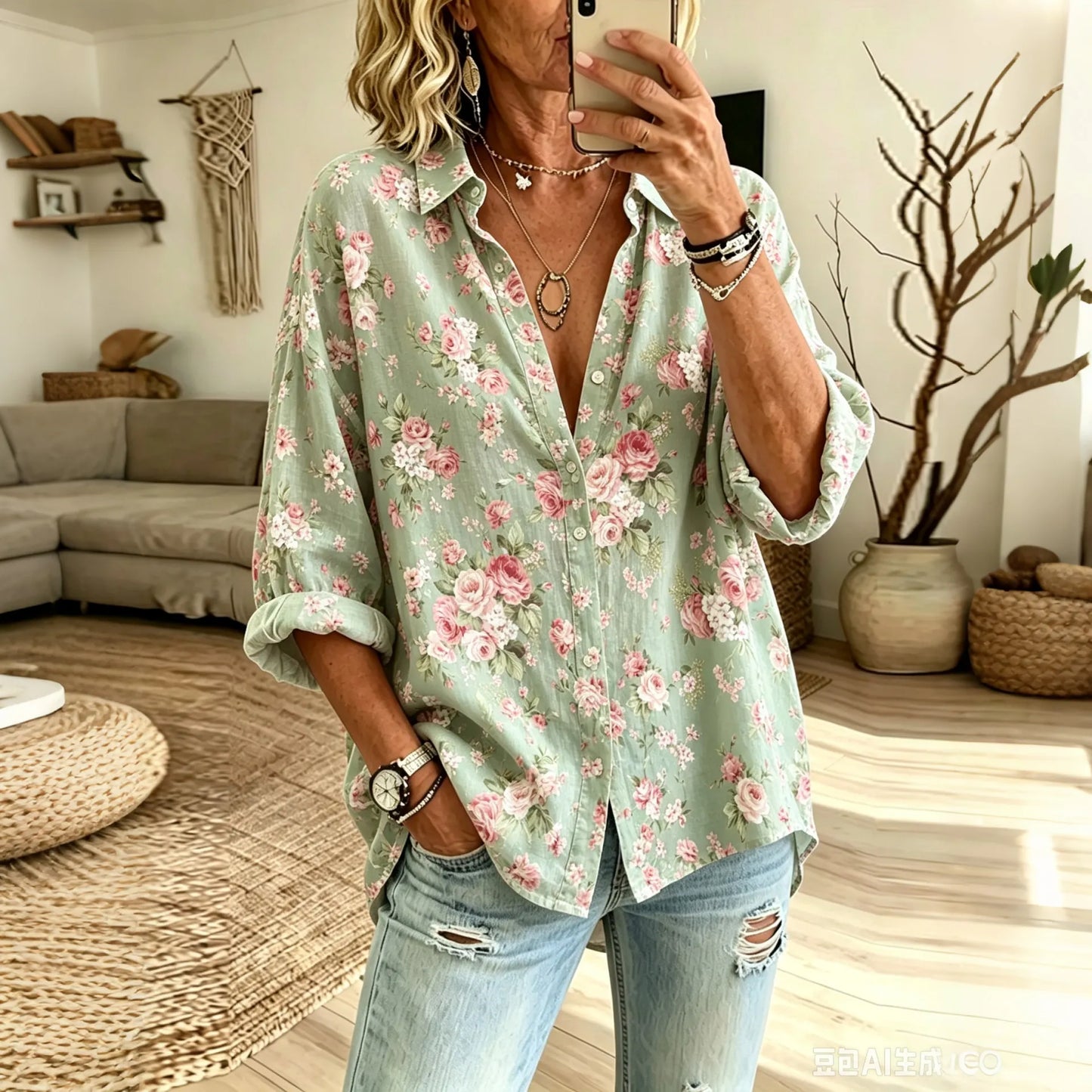 Cardydony Women's Vintage Floral Art Print Flowy Linen Blend Long Sleeve Shirts
