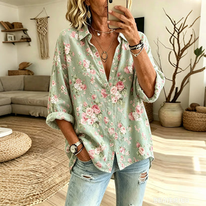 Cardydony Women's Vintage Floral Art Print Flowy Linen Blend Long Sleeve Shirts