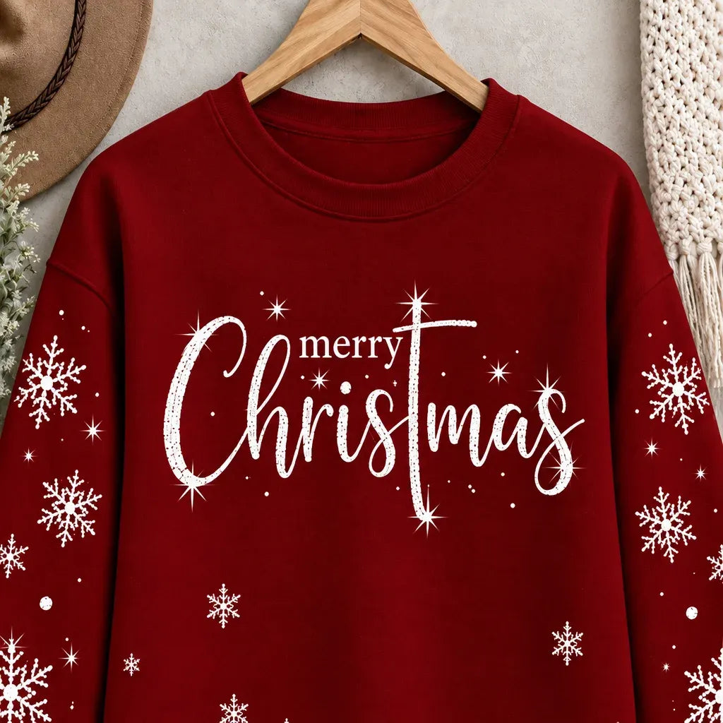 Cardydony Women's Festive Merry Christmas Snowflake Print Relaxed Fit Red Crewneck Sweatshirt