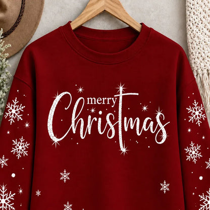 Cardydony Women's Festive Merry Christmas Snowflake Print Relaxed Fit Red Crewneck Sweatshirt