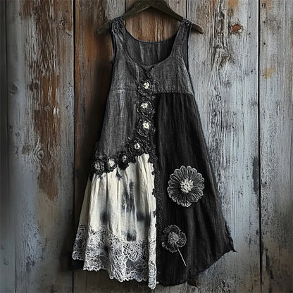 Cardydony Floral Denim Textile Lace Hem Patchwork Tank Dress