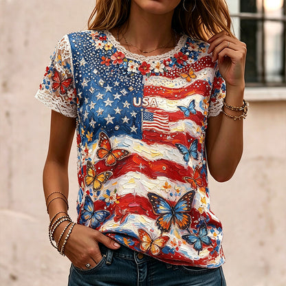 Cardydony Women's Vintage Independence Day Anniversary Flag Casual Short Sleeve T-shirt