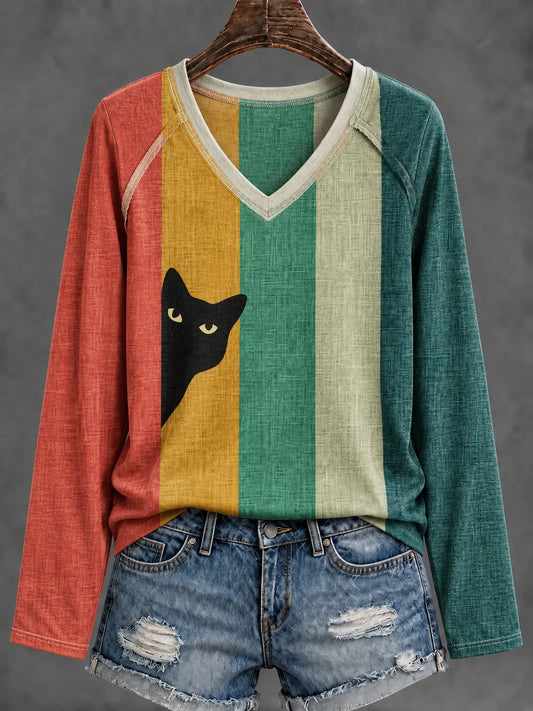 Cardydony Women's Retro Peeking Black Cat Abstract Color Blocking Art Print Casual Long-sleeve T-shirt