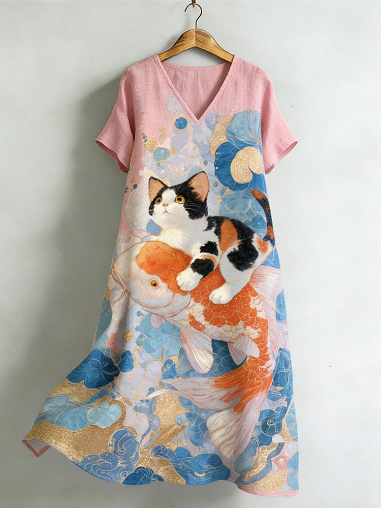 Cardydony Japanese-style Cat And Koi Print Linen Long Dress For Women