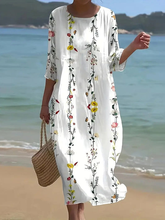 Cardydony Women's Retro Floral Print Linen Blend Midi Dress