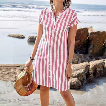 Cardydony Women's Striped Print V-neck Short Sleeve Midi Shirt Dress