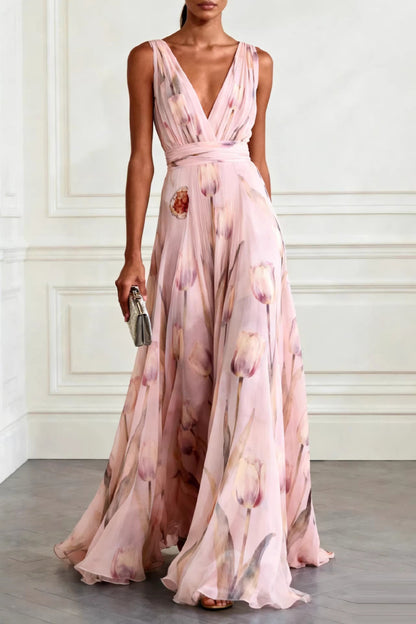 Cardydony Women's  Tulip Print V-Neck Sleeveless Elegant Waist-Defining Maxi Dress