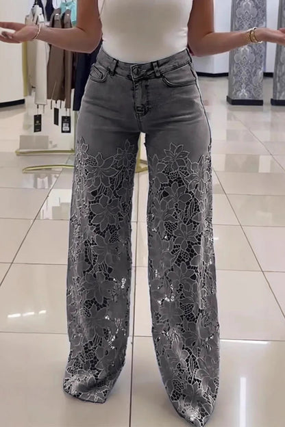 Cardydony Women's Fashion Hollow Lace Stitching Casual Pocket Denim Wide-leg Pants