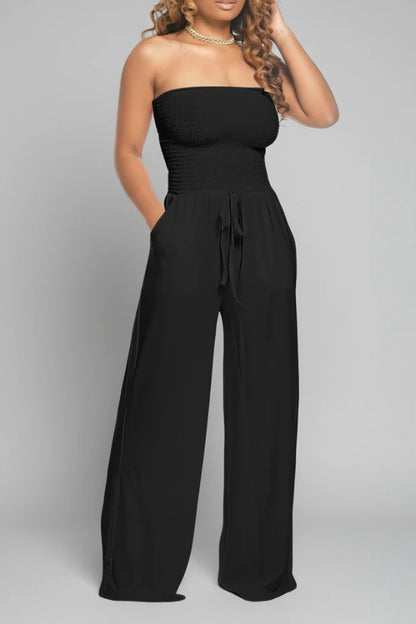 Cardydony Women's Solid Color Sleeveless Off-shoulder Pleated Loose Pocket Casual Wide-leg Jumpsuit