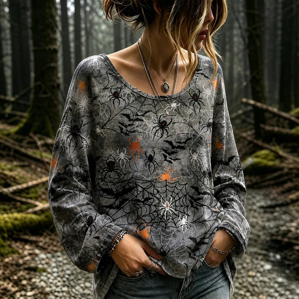 Cardydony Women's Halloween Spider And Bat Art Print Cotton Linen Casual Crew Neck Long Sleeve Top