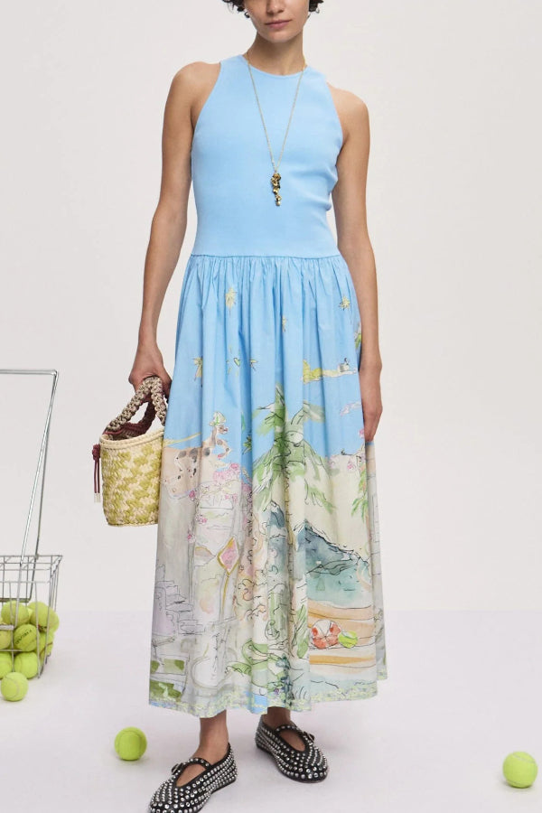 Cardydony Women's Ink Wash Print Round Neck Sleeveless Resort-style Midi Dress
