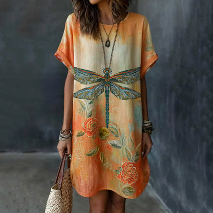 Cardydony Retro Dragonfly And Floral Pattern Cotton Mini Dress