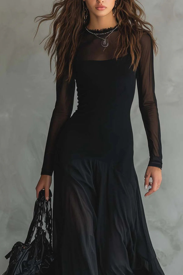 Cardydony Women's Fashionable Mesh-paneled Long-sleeved Slim-fit Maxi Dress