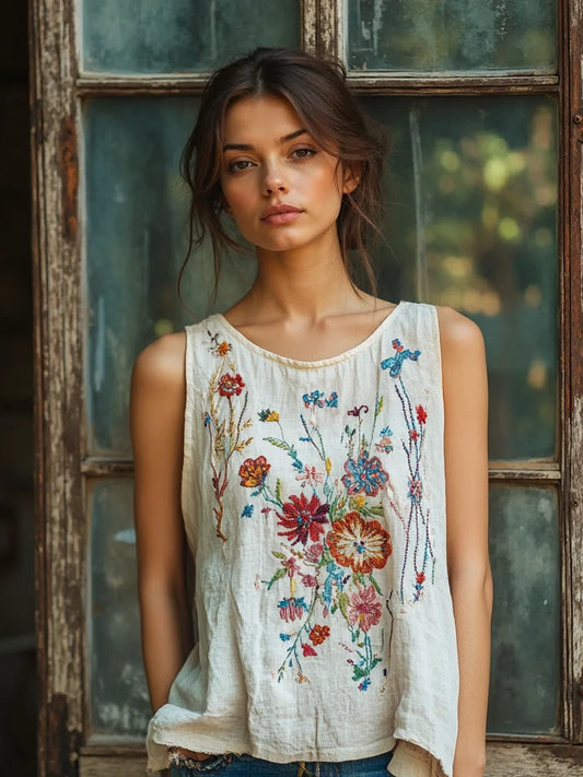 Cardydony Vintage Flowers Embroidery Art Linen Sleeveless Top