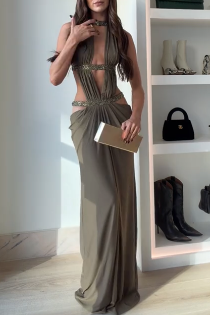 Cardydony Women's Khaki Hot-fix Rhinestone Shoulder Strap Cutout Design Backless Drape Maxi Dress