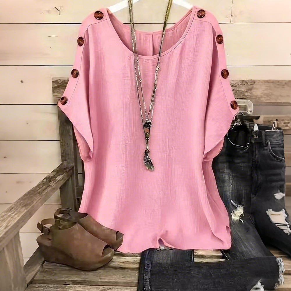 Cardydony Women's Solid Color Round Neck Loose Button Design T-shirt