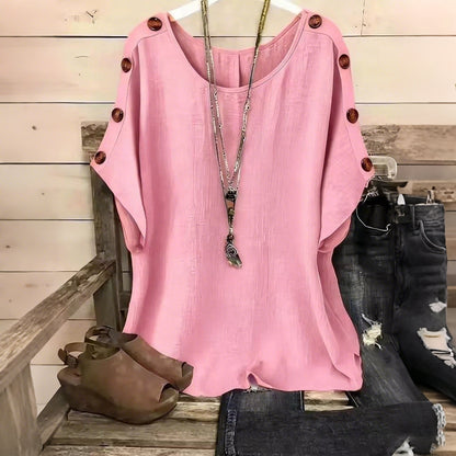 Cardydony Women's Solid Color Round Neck Loose Button Design T-shirt