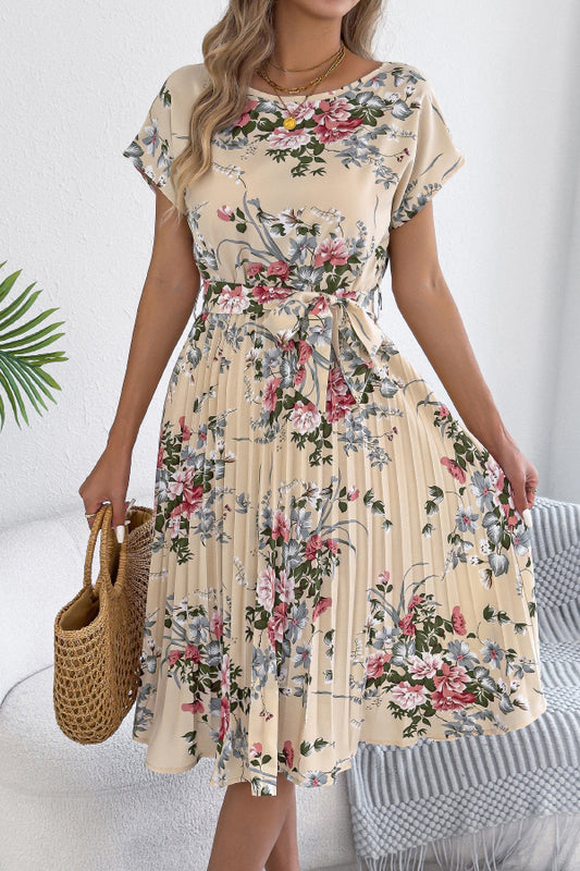 Cardydony Women's Floral Print Round Neck Fitted Waist Tie Pleated Midi Dress