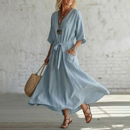 Cardydony Women's Elegant V-neck Tie Design Linen-cotton Maxi Dress