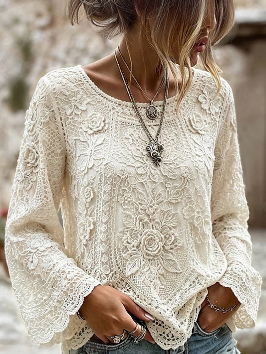 Cardydony Vintage Floral Lace Embroidery Art Cozy Linen Top